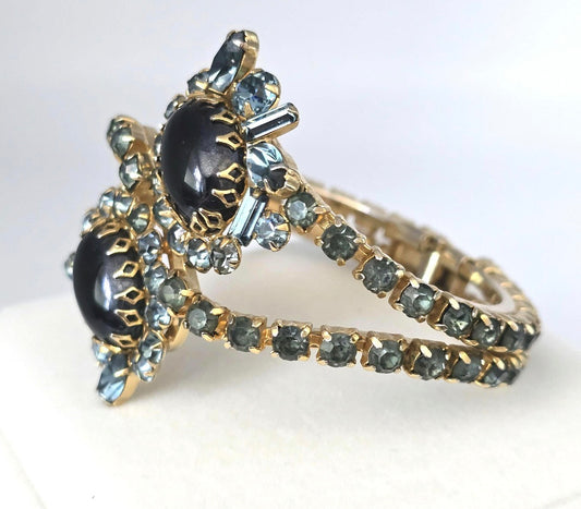 Vintage Hattie Carnegie Clamper Bracelet Gold Tone Black Cabochon Blue Rhinestone Cuff | 1950s Designer Statement Jewelry