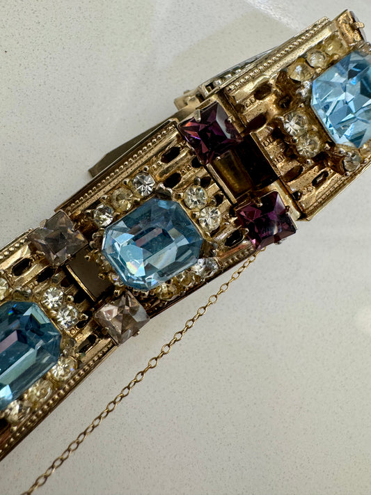 1940s goldtone bracelet with purple, aquamarine and clear rhinestones. Absolutely stunning ~ art deco vibes