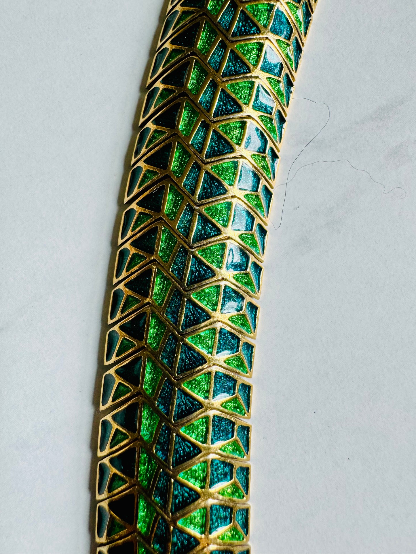 Wiggly 1950s green enamel bracelet. A one of a kind gem