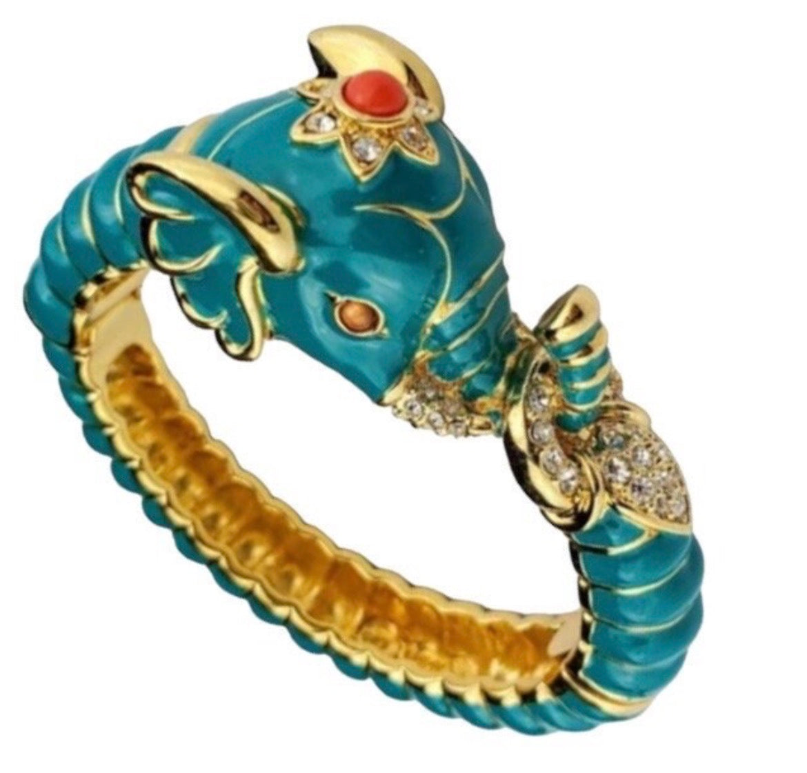 1990s signed Kenneth, Jay Lane aqua enamel and rhinestone clamper bracelet ￼