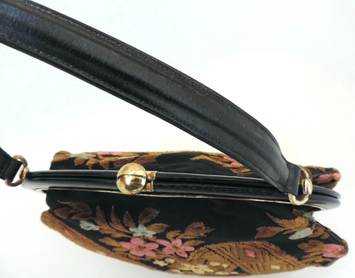 Vintage 1960s Rosenfeld Floral Burnout Velvet Black
Leather Purse Top Handle