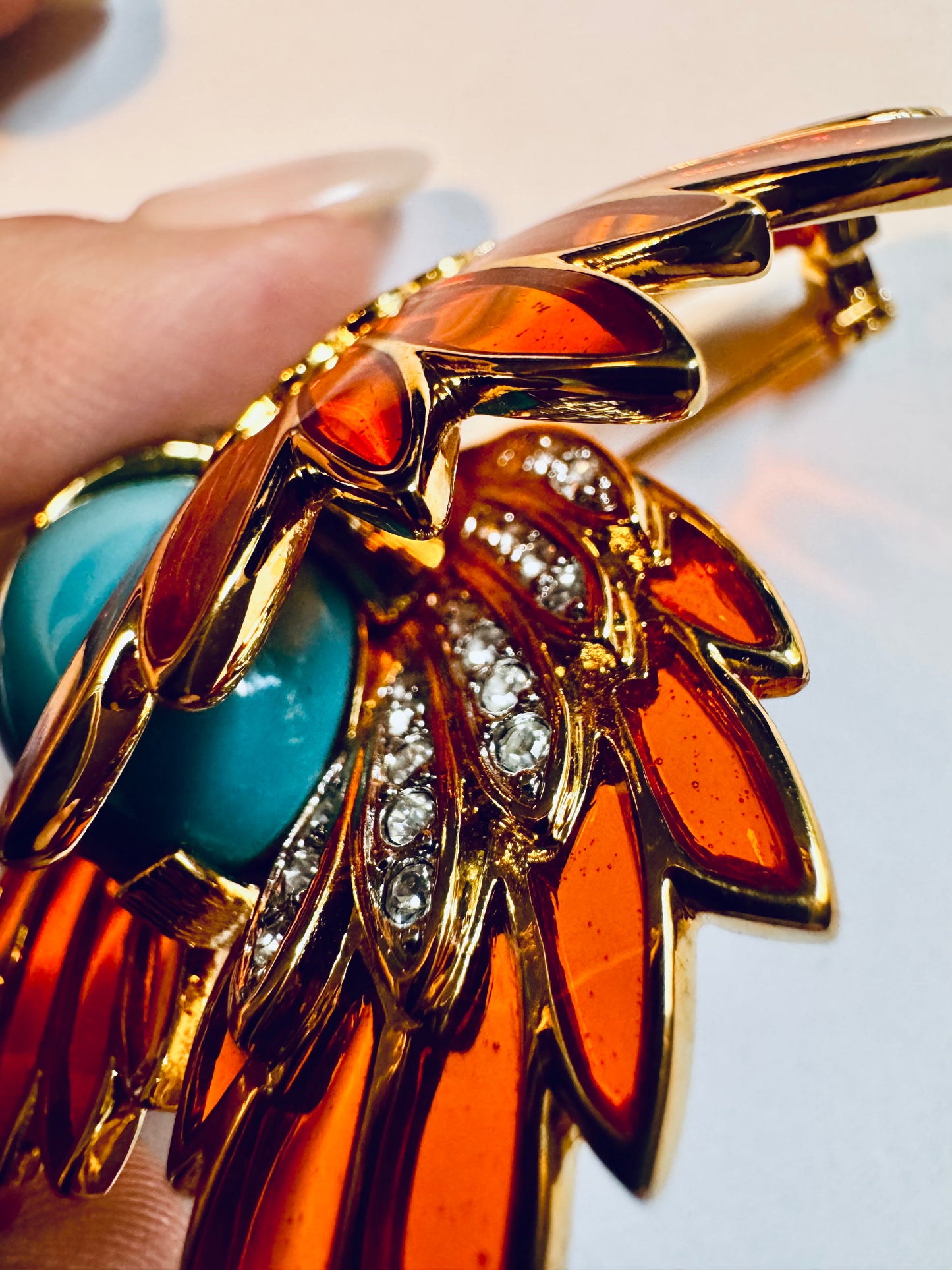 Joan Rivers signed 3-D hummingbird brooch with faux turquoise cabochon and enamel