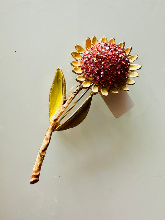 Stunning flower brooch with stem and pink rhinestones