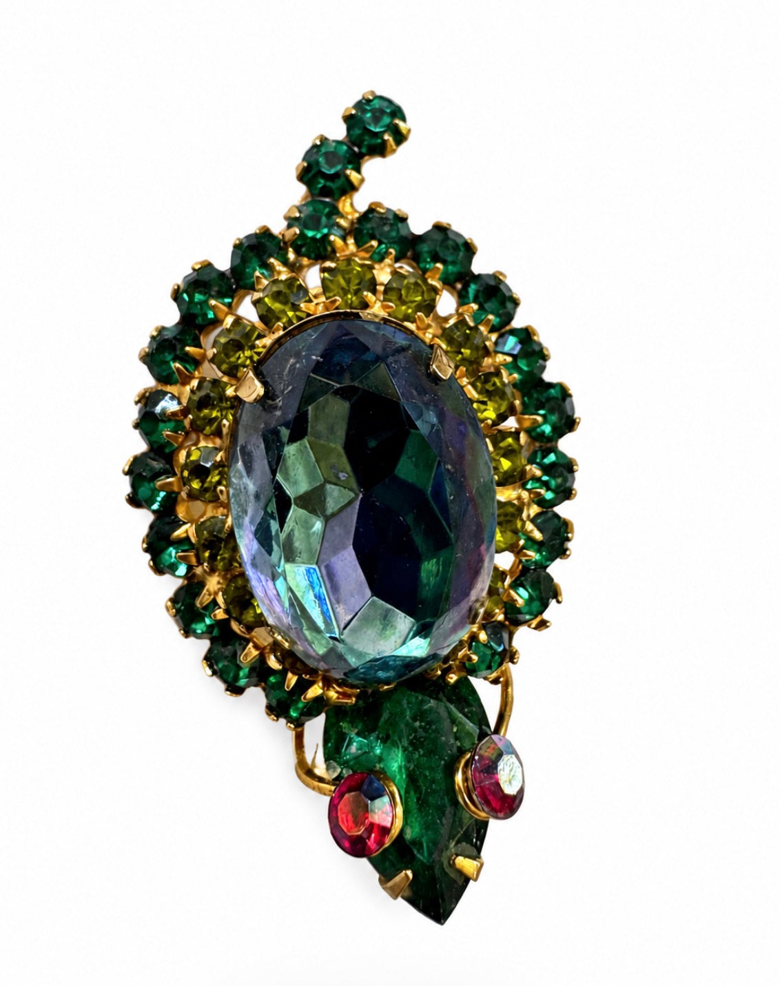 Beautiful vintage prong set turtle brooch with shades of green rhinestones, red aurora borealis eyes and a sparkling blue glass shell Stone