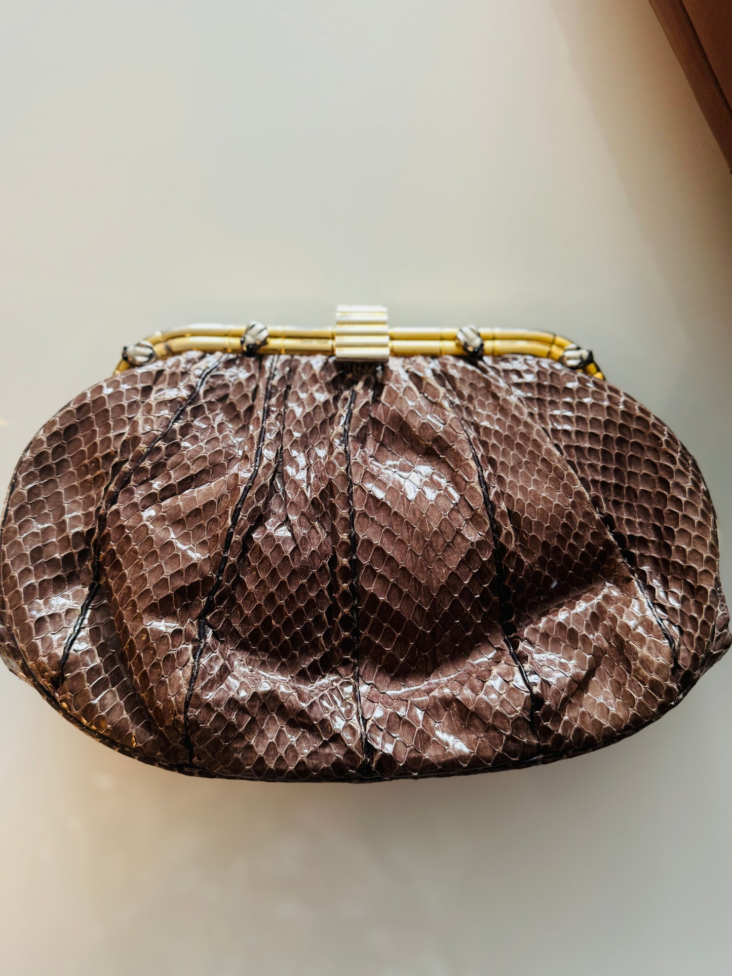 Vintage Judith Leiber brown tone snakeskin shoulderbag/clutch with gold tone chain