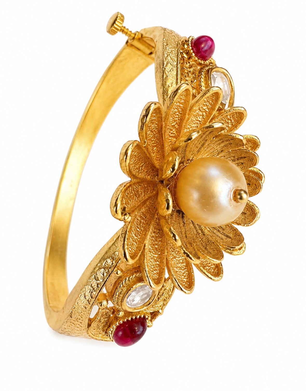 Beautiful retro clamper bracelet with faux pearl and ruby colored stones