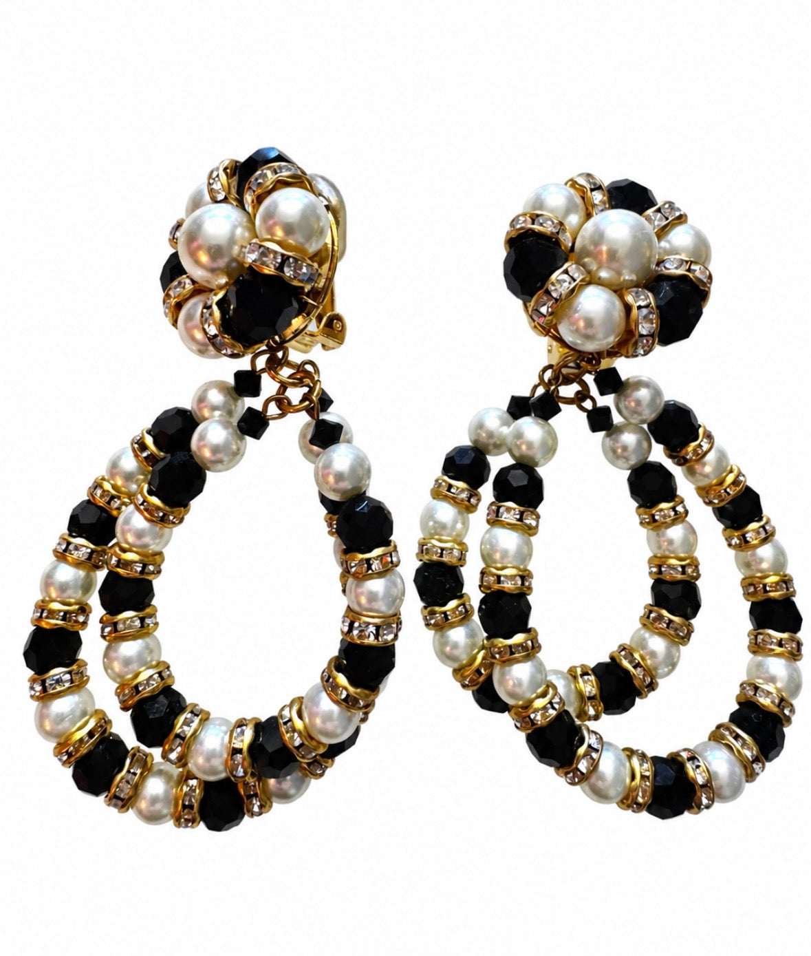 1980s stunning clip on black beaded with pearls and rhinestones dangle earrings
