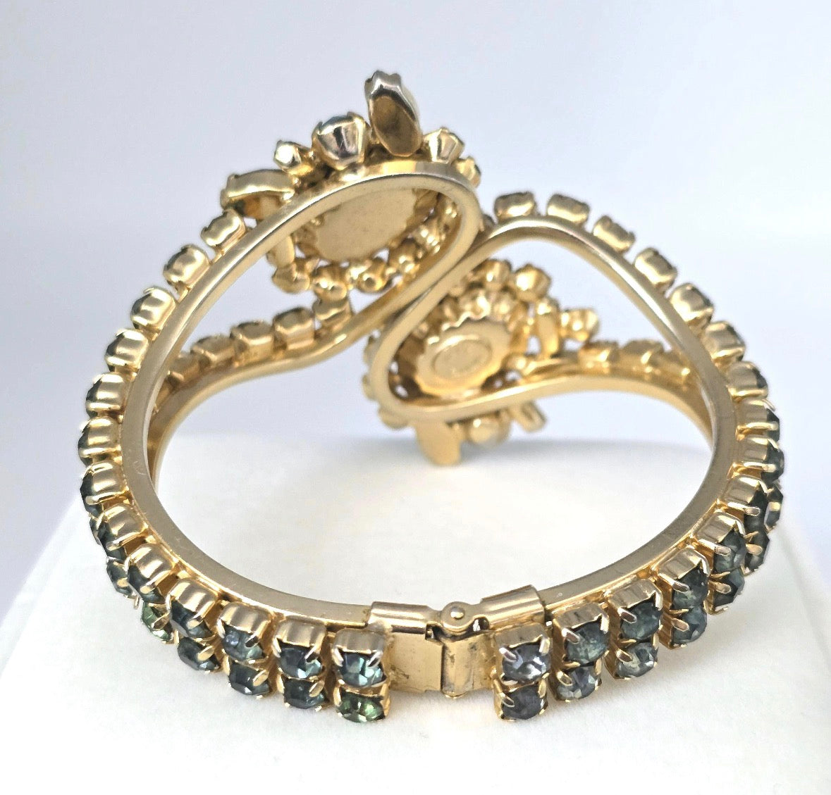 Vintage Hattie Carnegie Clamper Bracelet Gold Tone Black Cabochon Blue Rhinestone Cuff | 1950s Designer Statement Jewelry