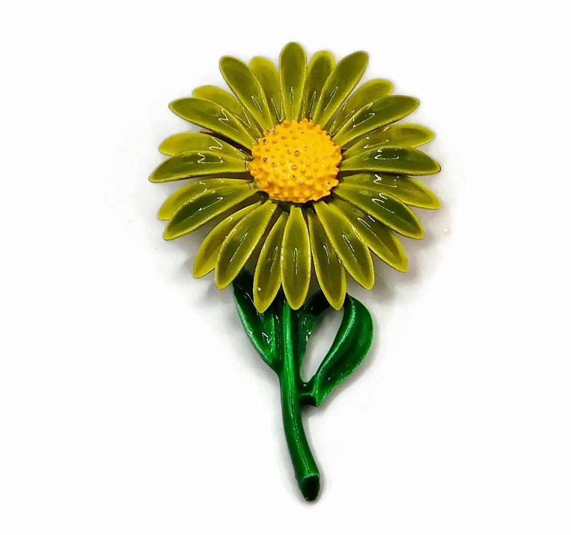 1960s Vintage Double Layered Petals Green and Yellow Daisy  MOD Flower Brooch.
