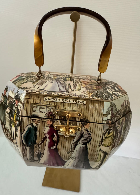 Vintage 1950s decoupage box bag with street scene. Green fabric interior