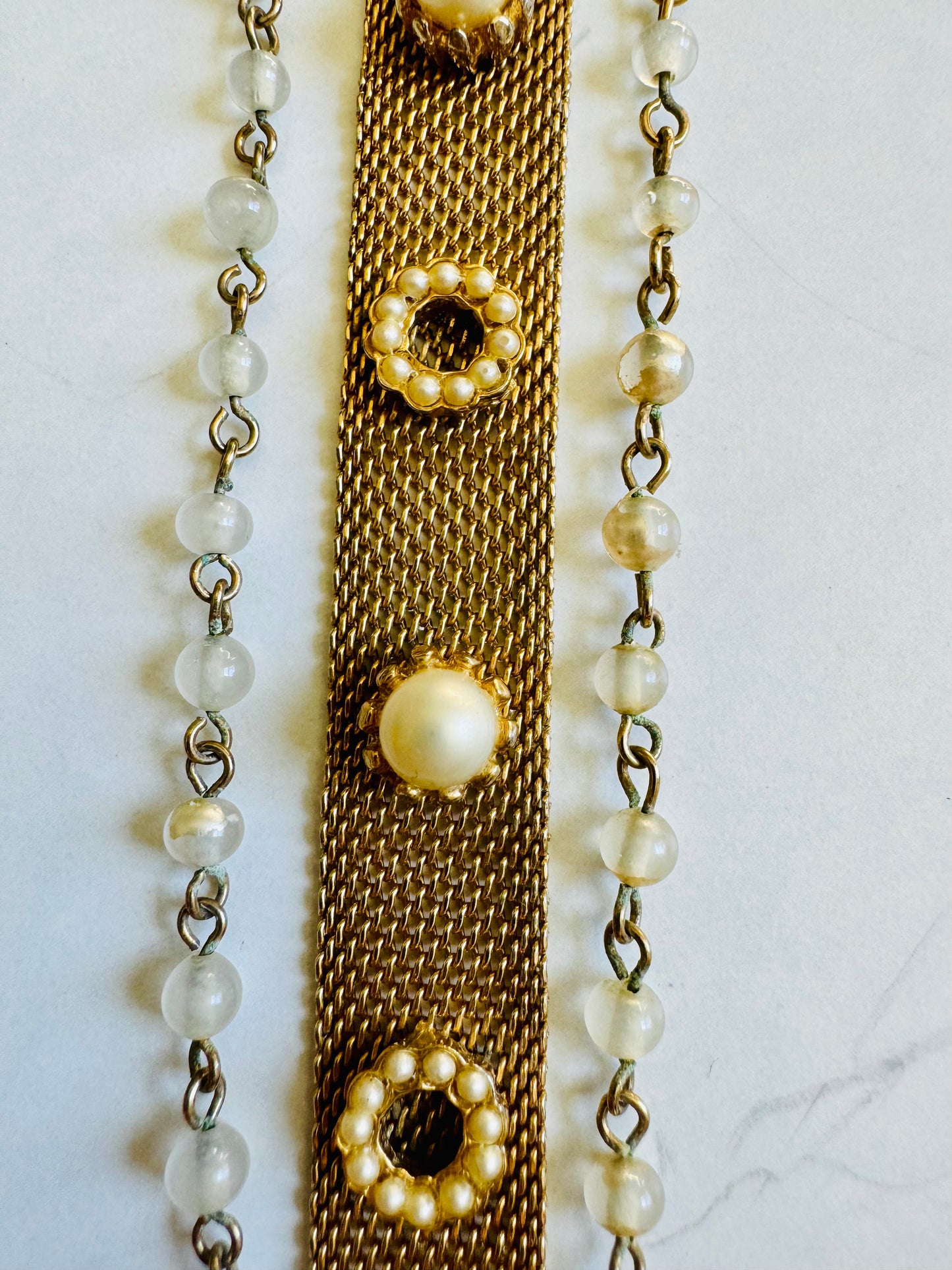 Stunning 3 strand 1950s gold tone and pearl bracelet with gorgeous clasp. Looks like you've stacked, but it's all one piece