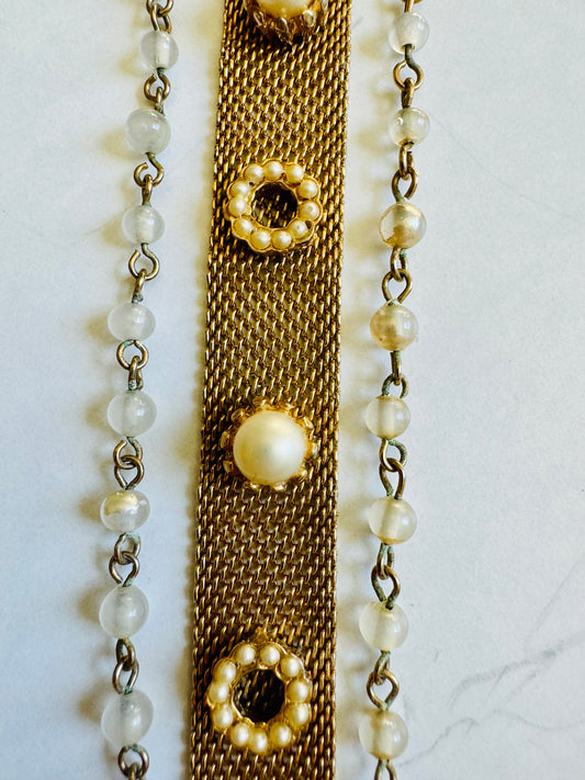Stunning 3 strand 1950s gold tone and pearl bracelet with gorgeous clasp. Looks like you've stacked, but it's all one piece