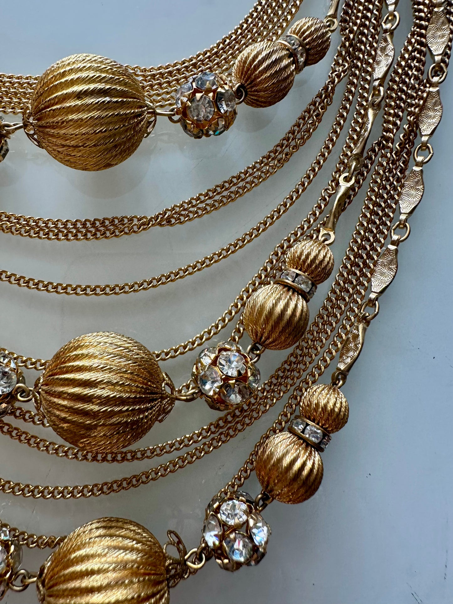 Stunning vintage 1950s multi strand, gold tone necklace with rhinestones. Unsigned Vendome. Matching earrings available. Search "Vendome" to view them