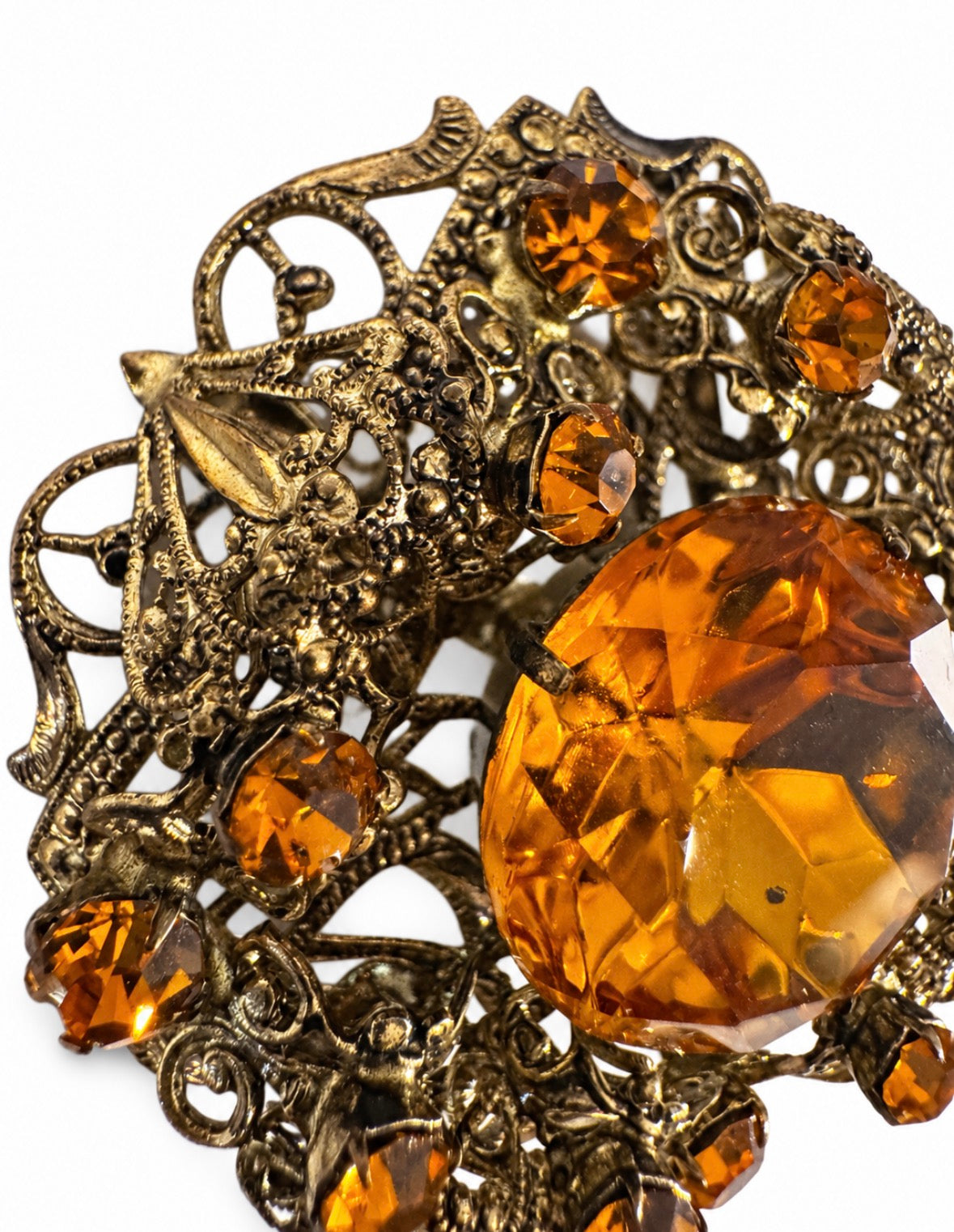 Beautiful 1950s signed Czechoslovakia amber colored filagree brooch/pendant