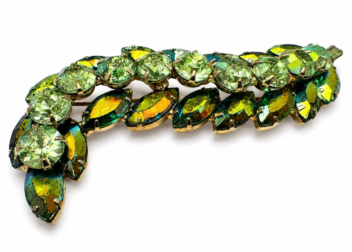 Vintage D & E Juliana teal Rhinestone layered leaf Brooch