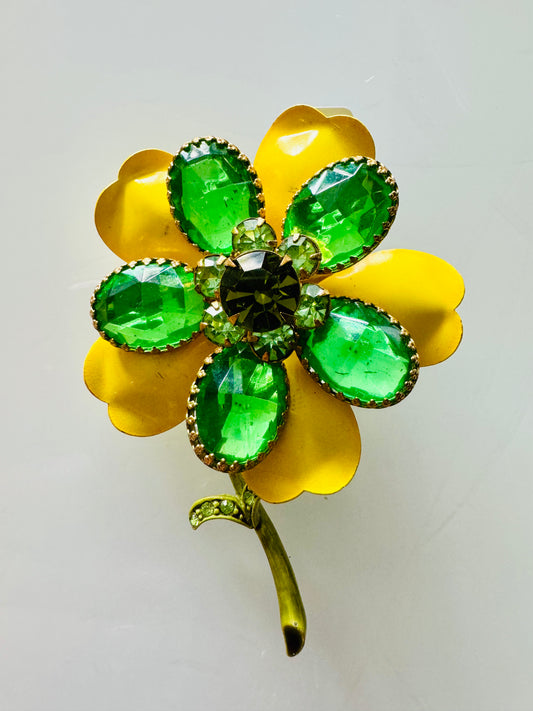 Vintage yellow and green rhinestone flower brooch