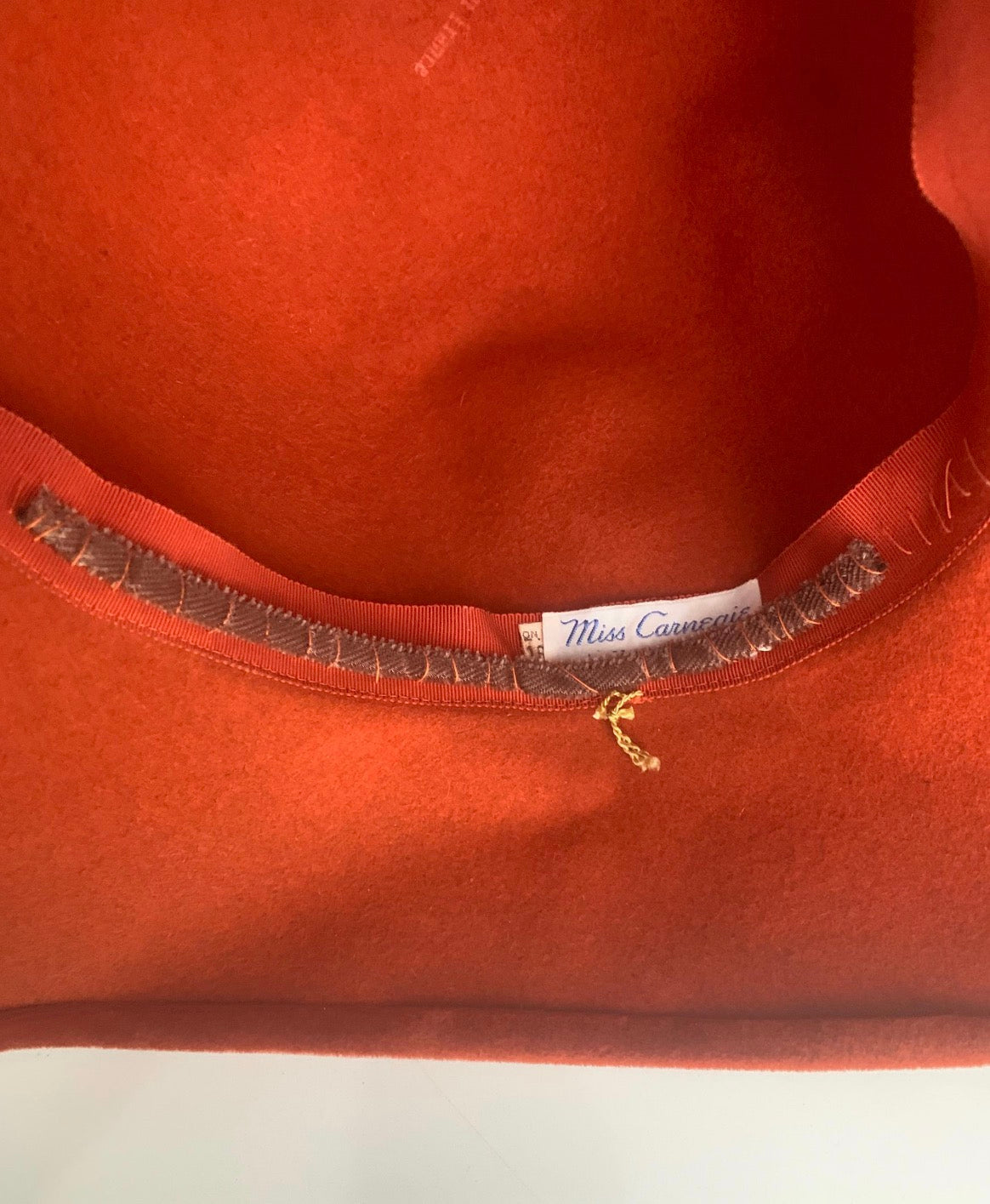 Hattie Carnegie Rust Felted Wide Brimmed Hat - label inside.  Made in France.