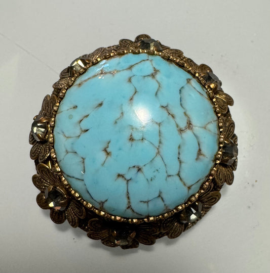 Gorgeous 1940s button brooch with turquoise center stone surrounded by watermelon stone flowers