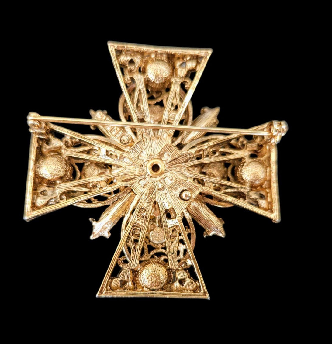 1960s Maltese cross by EMMONS features bright orange and olivine green rhinestones, heart scrolls and gold tone rope trim in a tiered design.