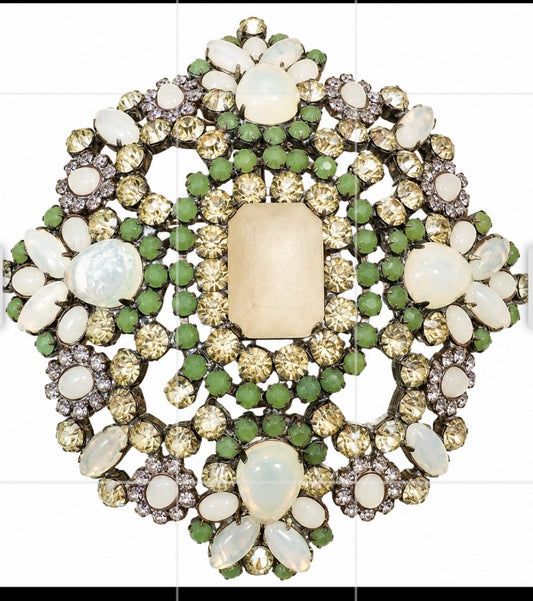 1940s  Monumental Bijoux M.G. Czechoslovakian Opaline & Czech Glass Statement Brooch Look under a black light ~ there's a touch of uranium