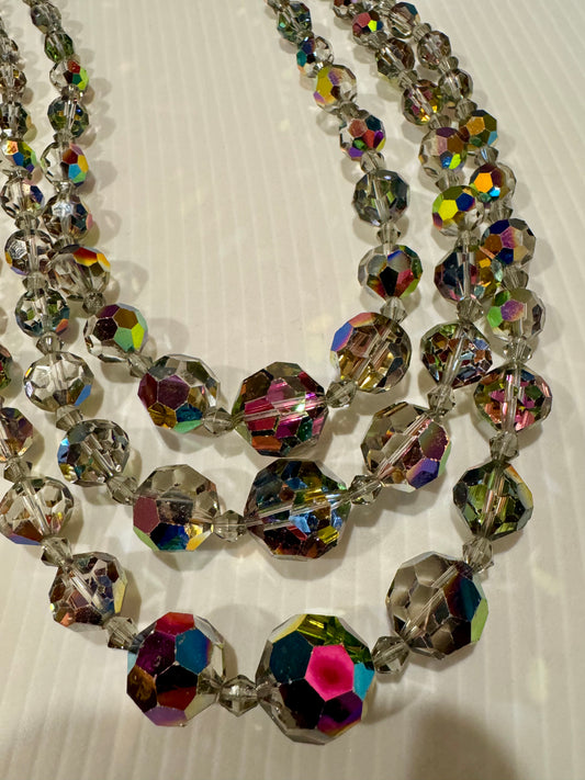 Stunning and sparkly 3 strand jet bead necklace from 1950s. Clasp is missing 2 small rhinestones - hard to see