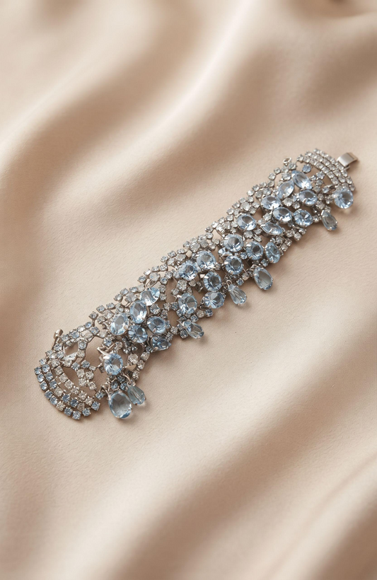1940s absolutely stunning rhinestone bracelet with aquamarine colored stones, many of which dangle in the light. This is a truly extraordinary piece and a rare find.