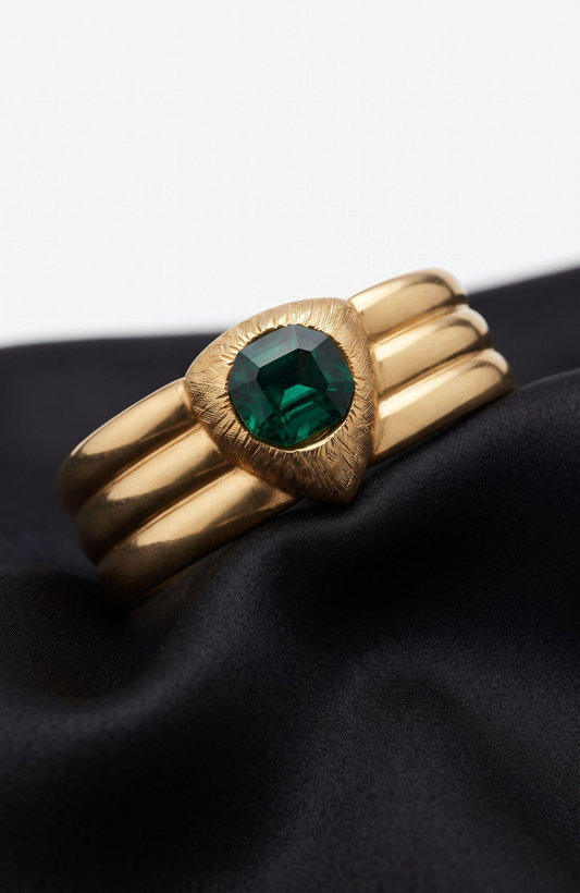 1970s gold tone clamper bracelet in a square shape with a beautiful green rhinestone in the center