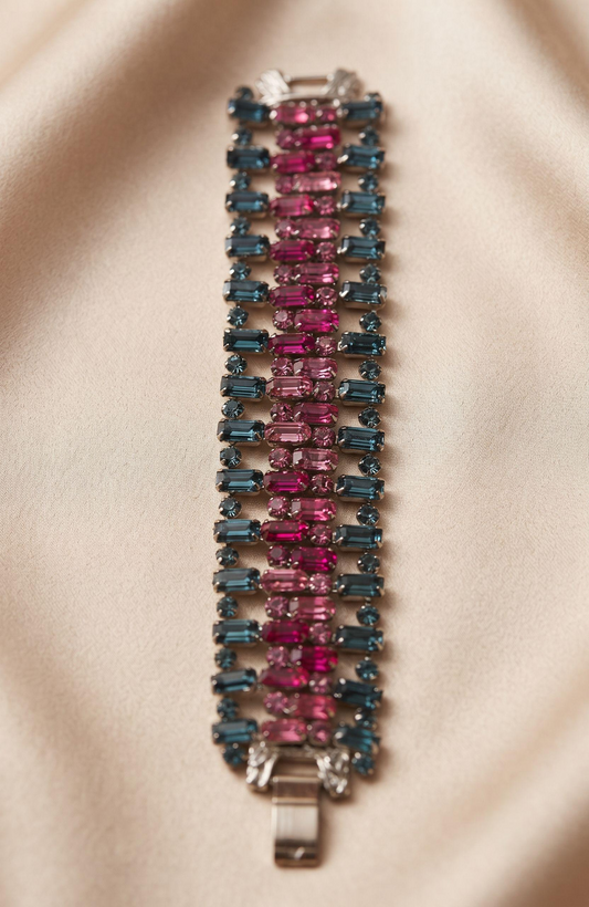 Beautiful 1940s rare bracelet with aquamarine and pink colored rhinestones in three rows