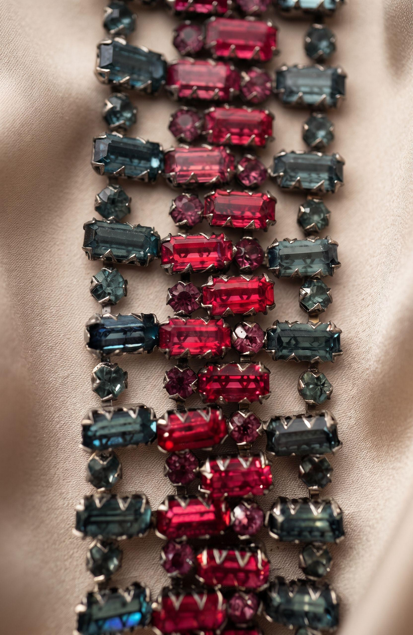 Beautiful 1940s rare bracelet with aquamarine and pink colored rhinestones in three rows