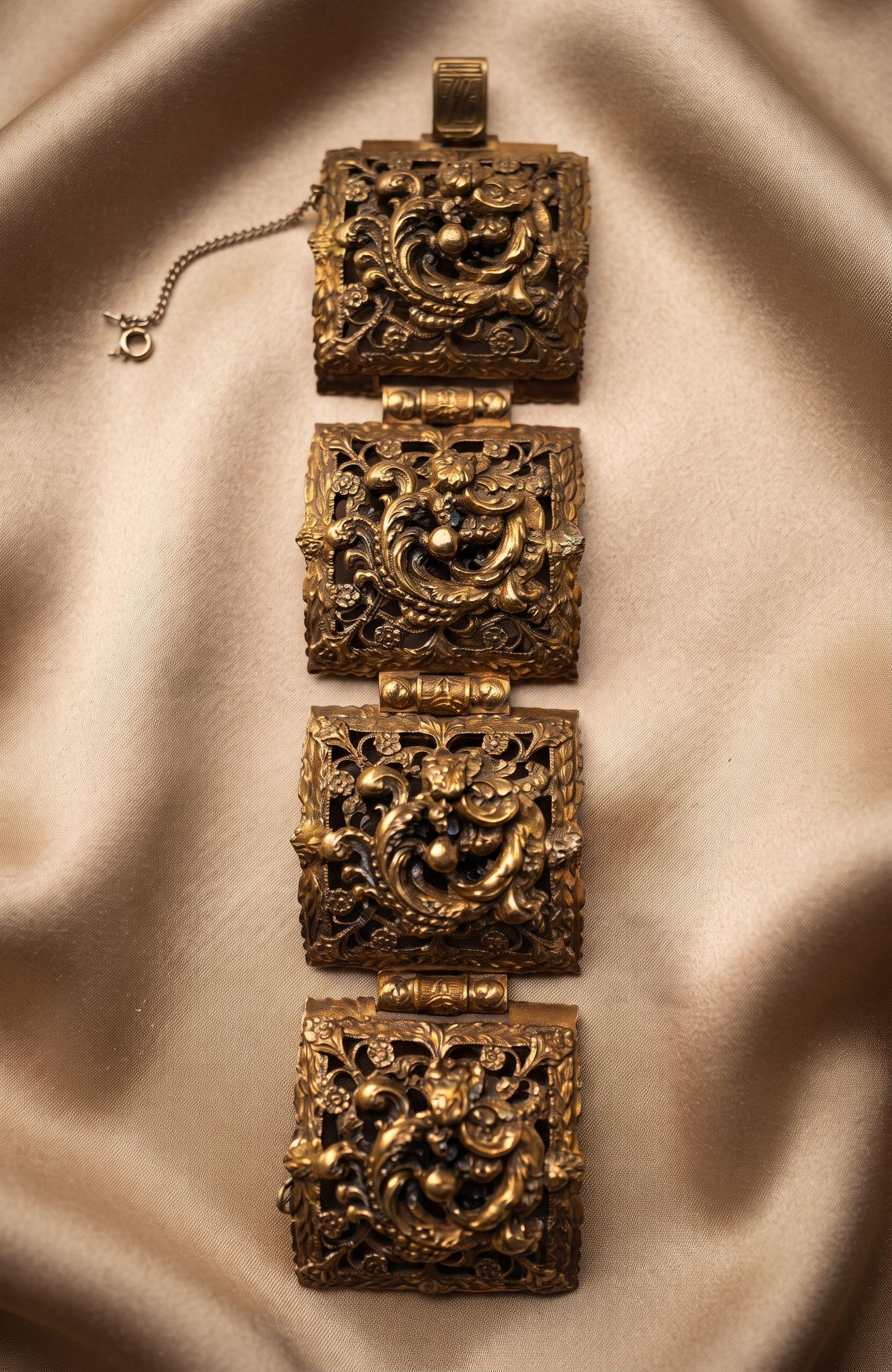 Mid-century brass colored metal chunky block bracelet
