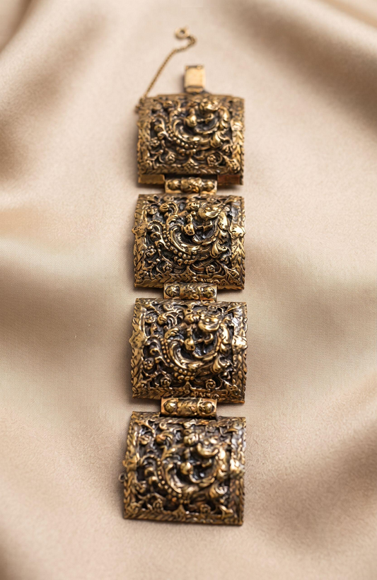 Mid-century brass colored metal chunky block bracelet