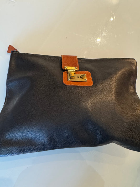 Vintage Furla black leather envelope clutch with zip top and lock hardware