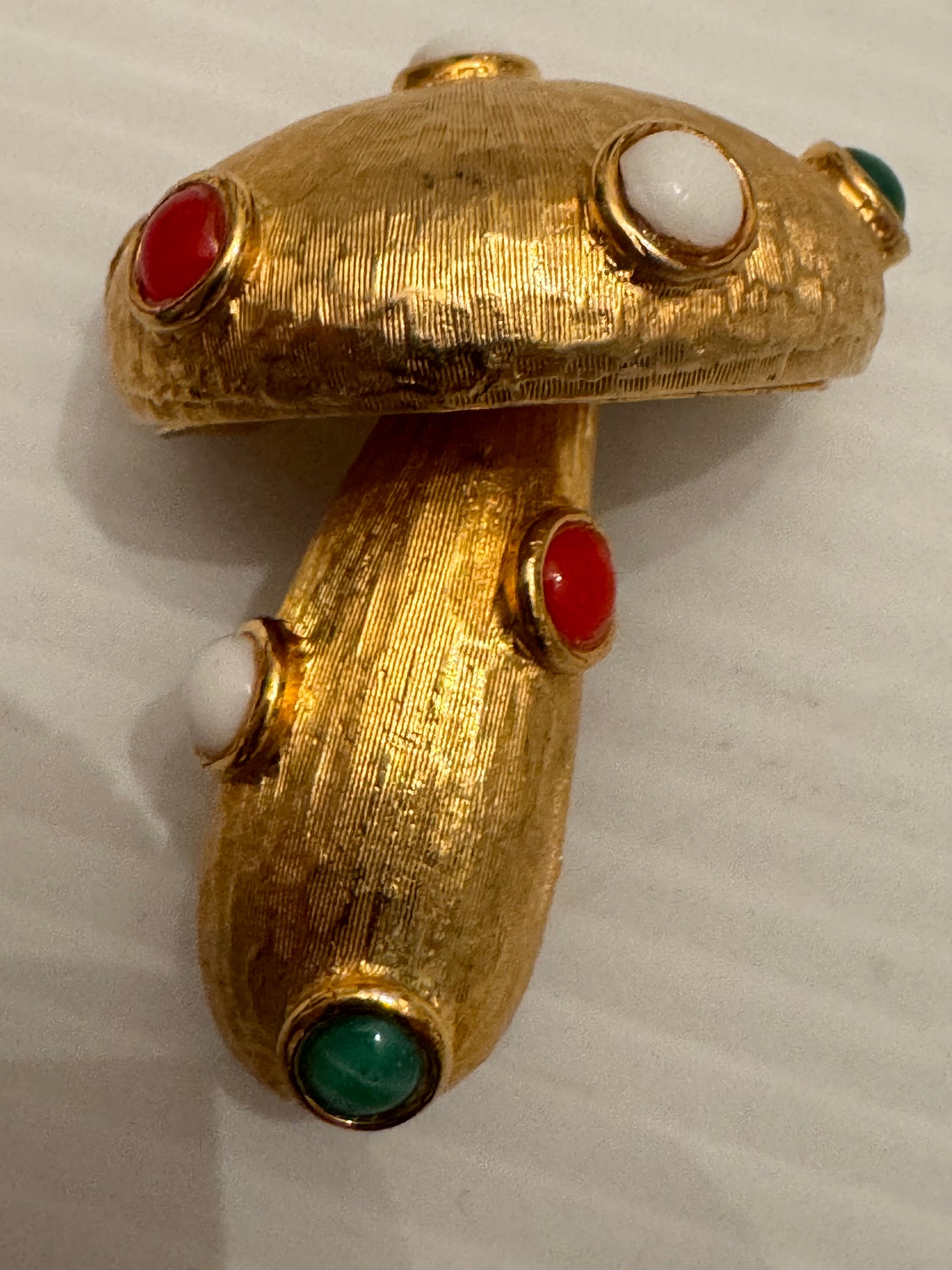 adorable vintage Carollee mushroom brooch in gold tone with cabochons