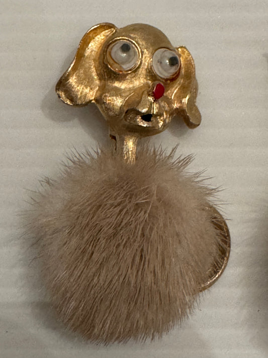 adorable 1960s googly eye gold tone doggy brooch with min body. Also available is a matching cat.