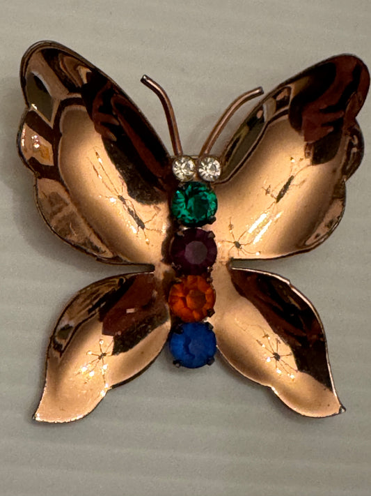 Signed Coro sterling gold plate butterfly with rhinestone body