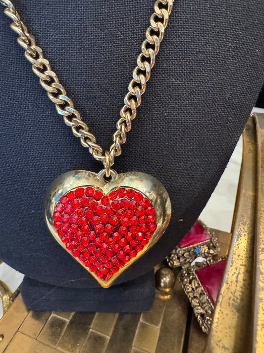 1980s jumbo heart with red rhinestone necklace