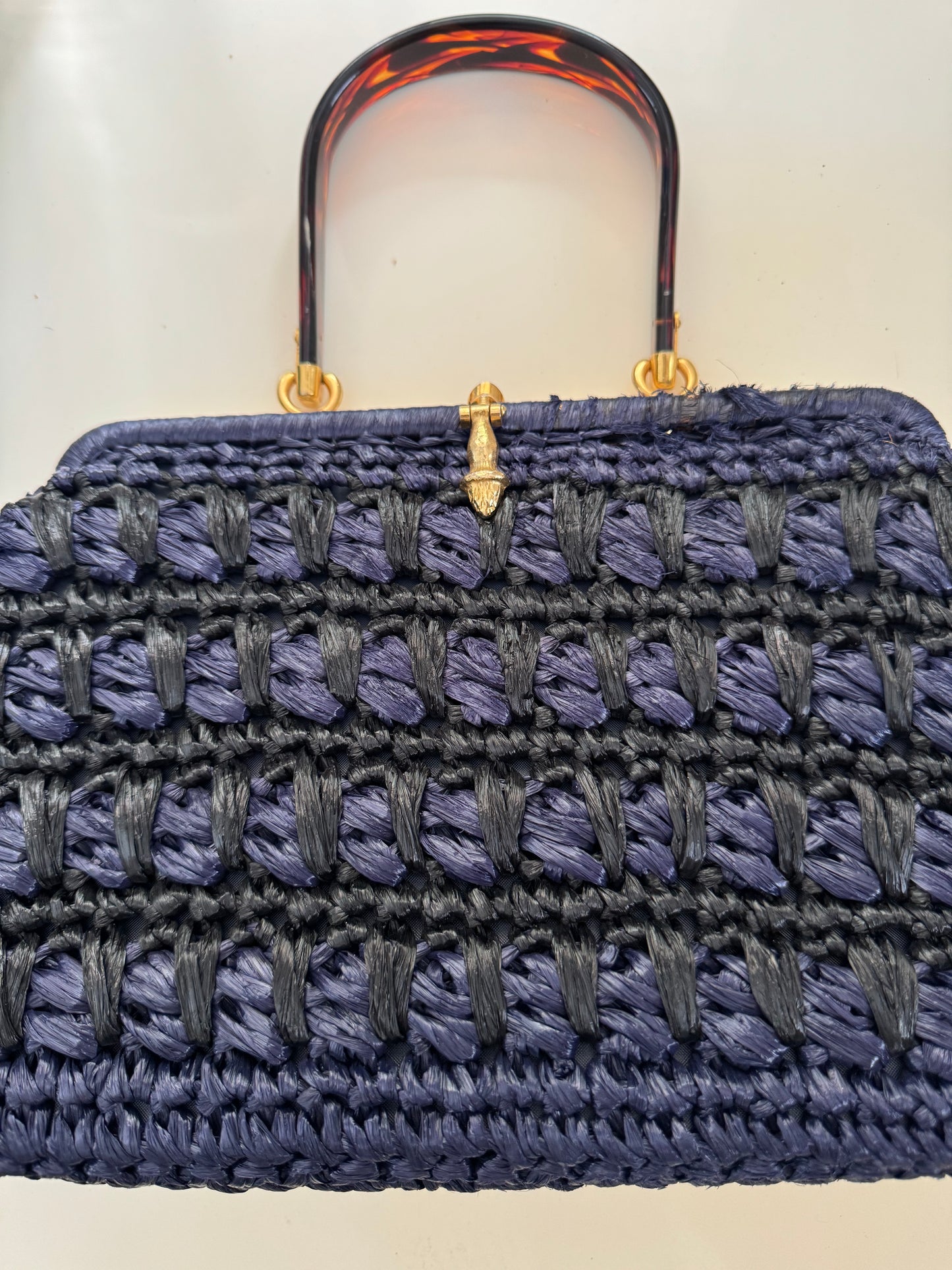 Vintage black and blue raffia top handle bag with tortoise and gold tone hardware