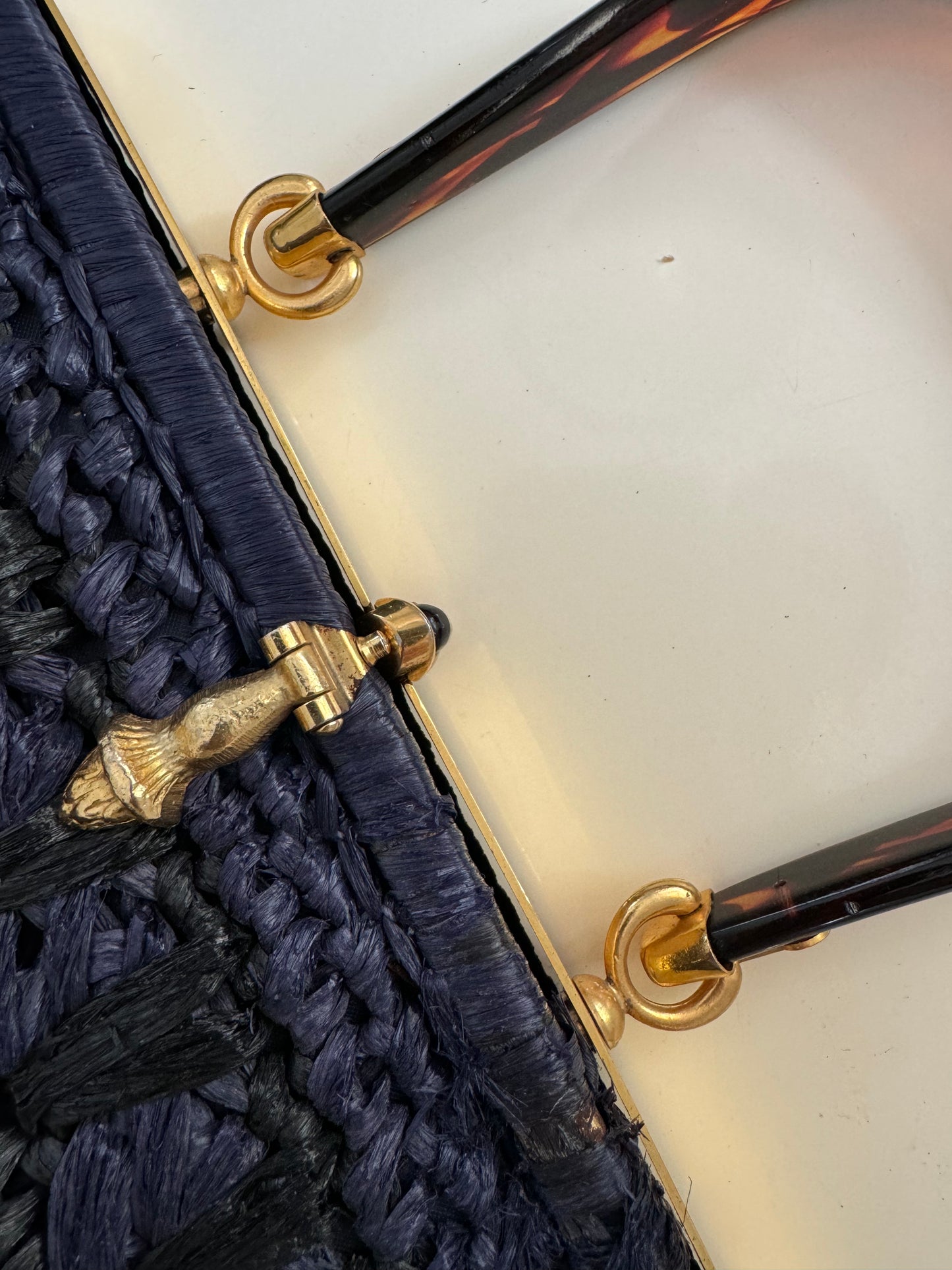 Vintage black and blue raffia top handle bag with tortoise and gold tone hardware