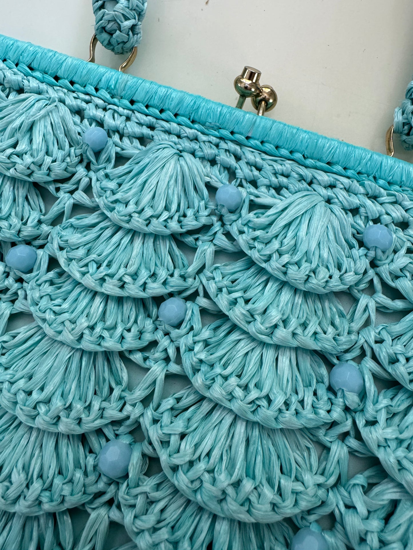 1960s scalloped turquoise raffia top handle handbag with bead detail