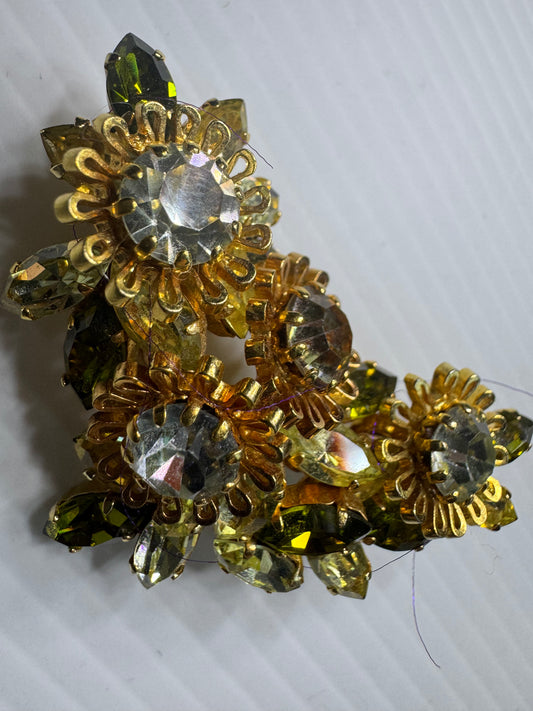 1940s signed Austria flower brooch with green and yellow navettes