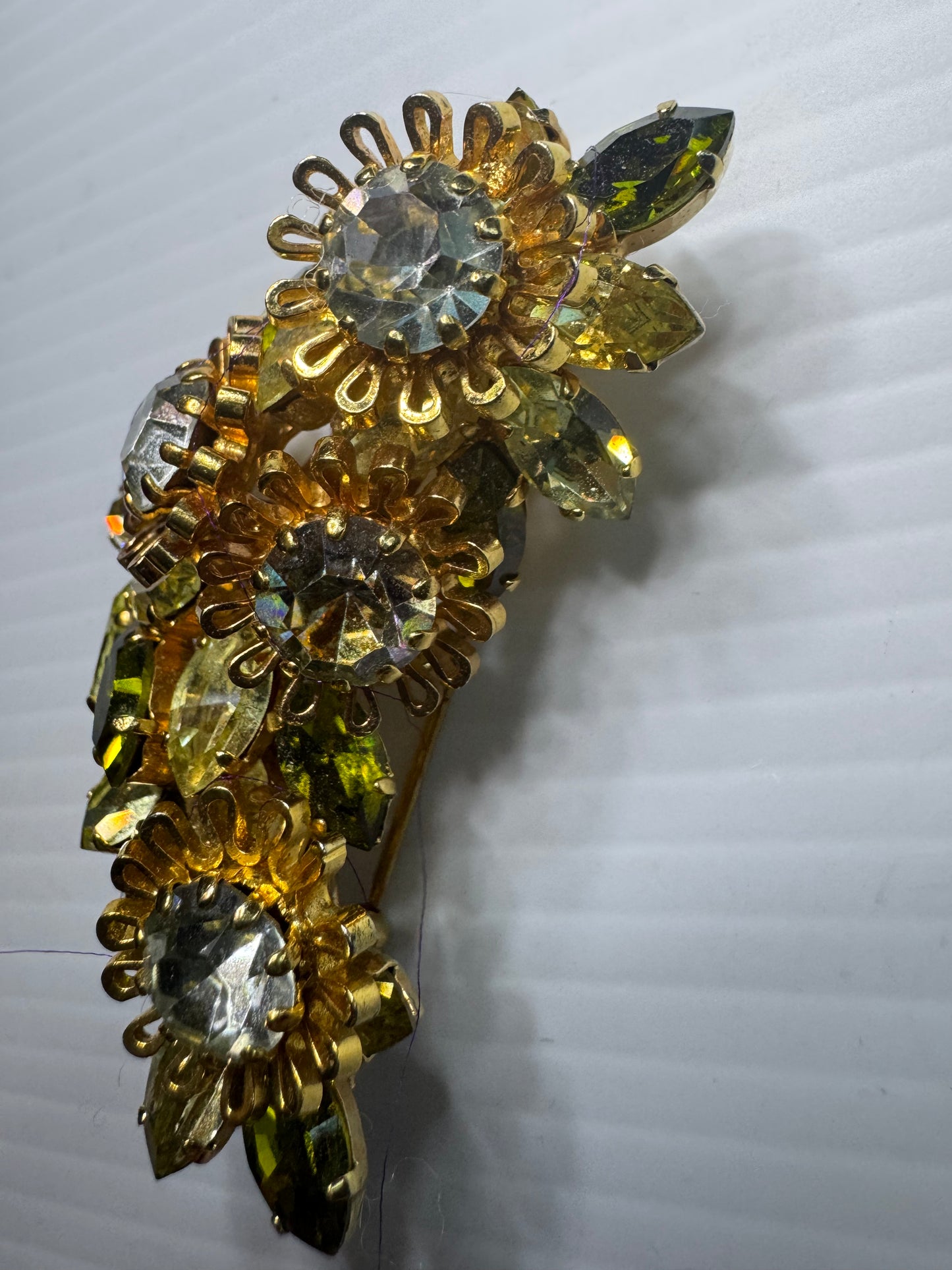 1940s signed Austria flower brooch with green and yellow navettes