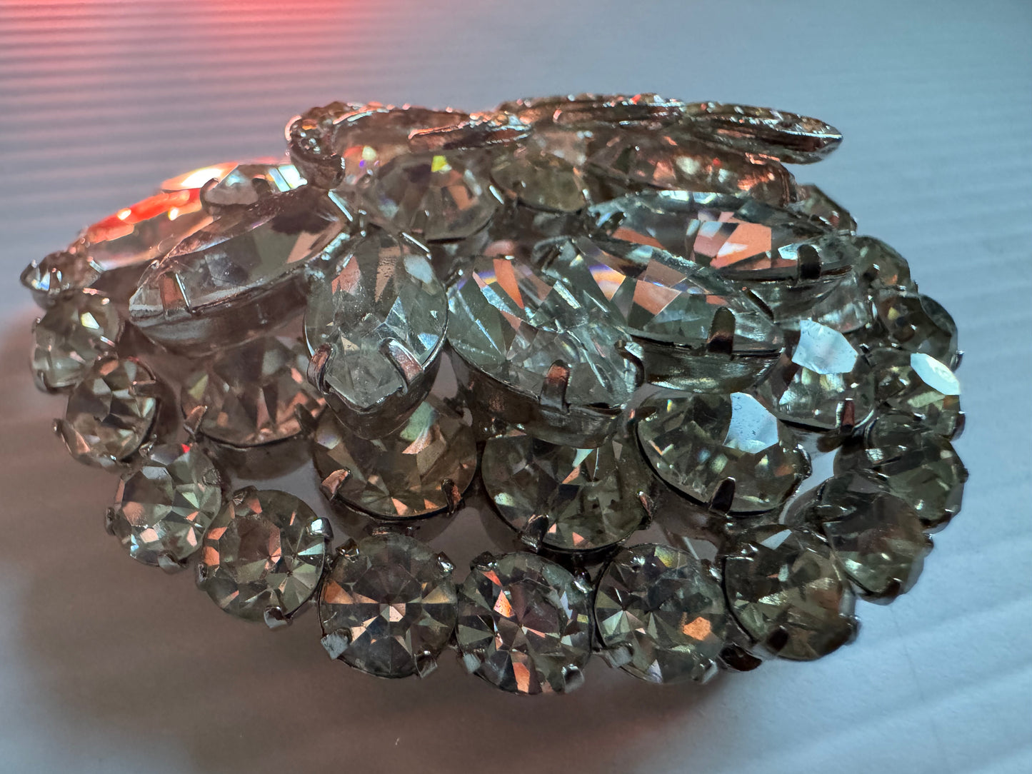 Beautiful 1940s unsigned Eisenberg layered brooch with clear rhinestones