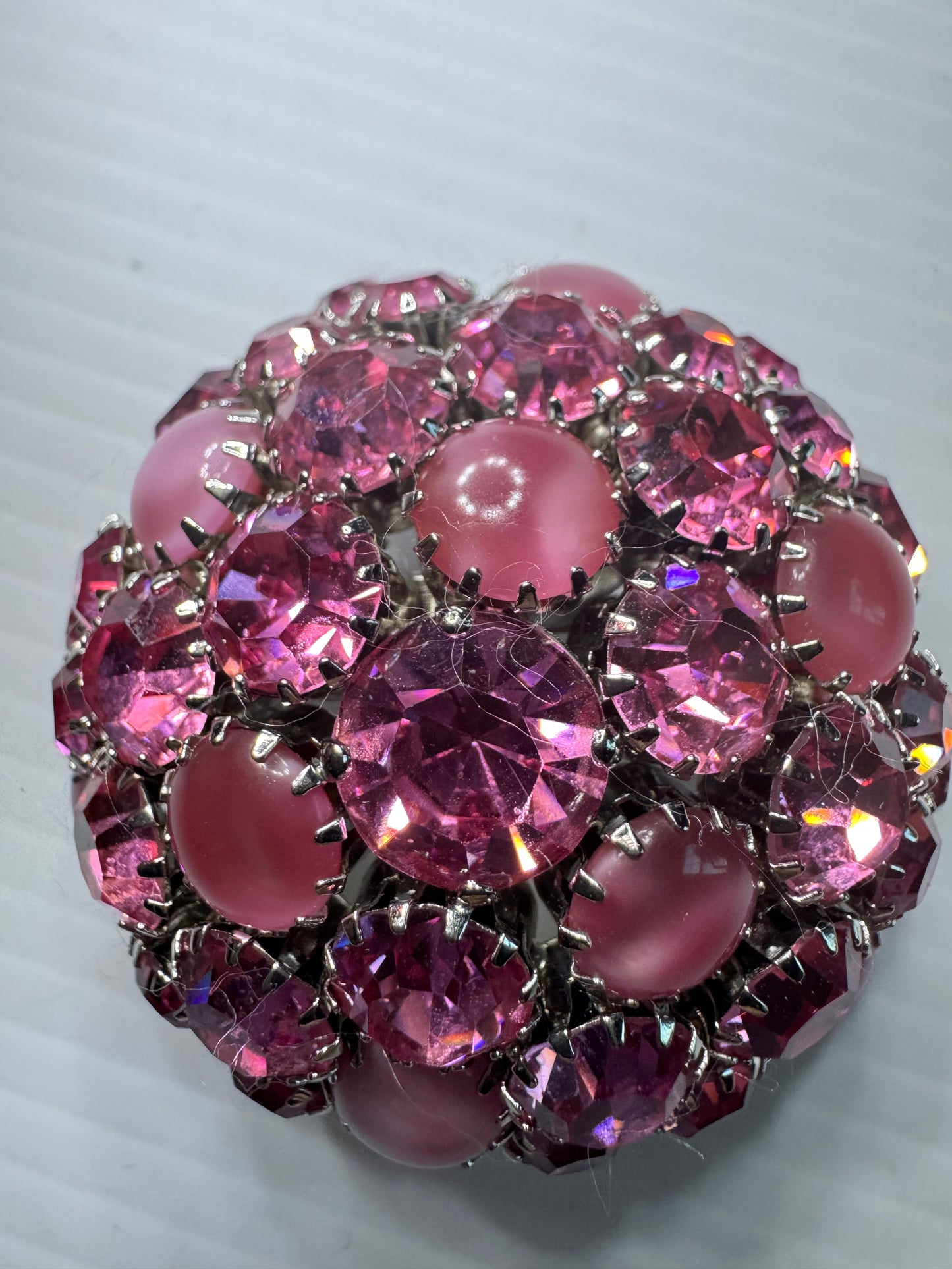 1940s dome pink rhinestone brooch, signed WARNER