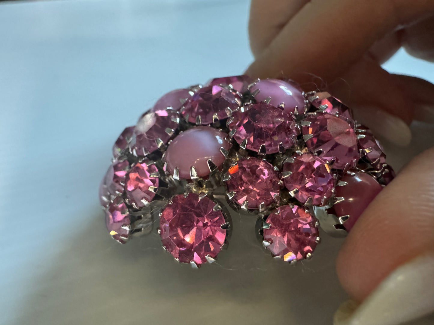 1940s dome pink rhinestone brooch, signed WARNER