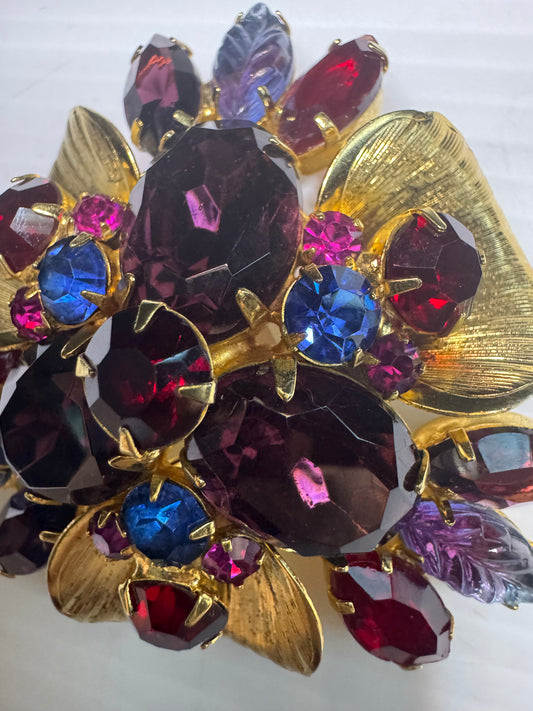 DELIZZA & ELSTER beautiful vintage brooch with purple blue, magenta, and red rhinestones