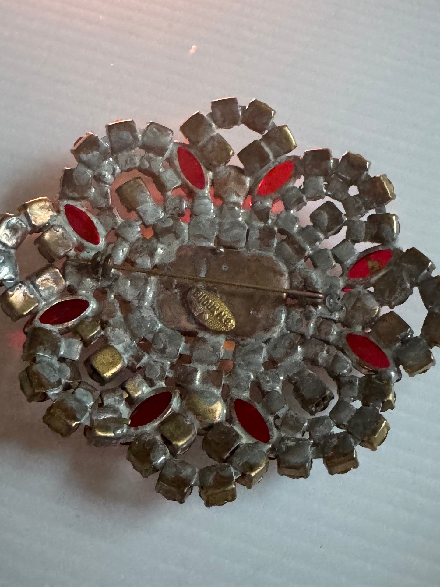 Vintage signed BIJOUX jumbo rhinestone brooch featuring orange, yellow, and clear rhinestone