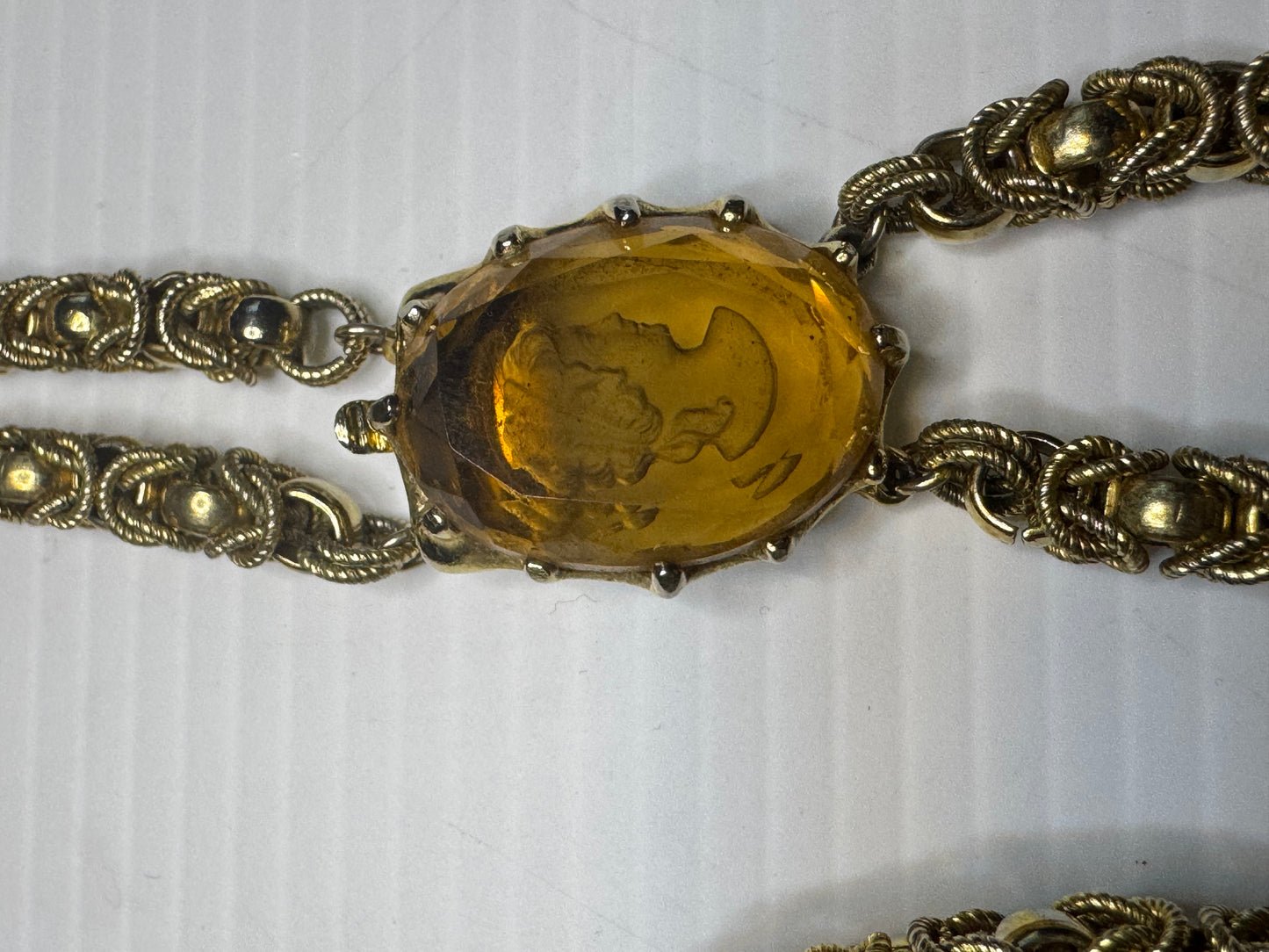 1940s intarsia cameo necklace with gorgeous gold Double chain