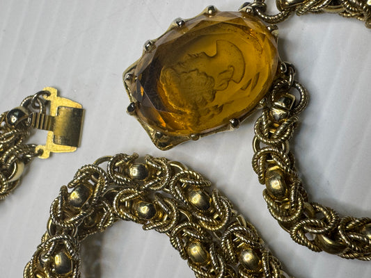 1940s intarsia cameo necklace with gorgeous gold Double chain