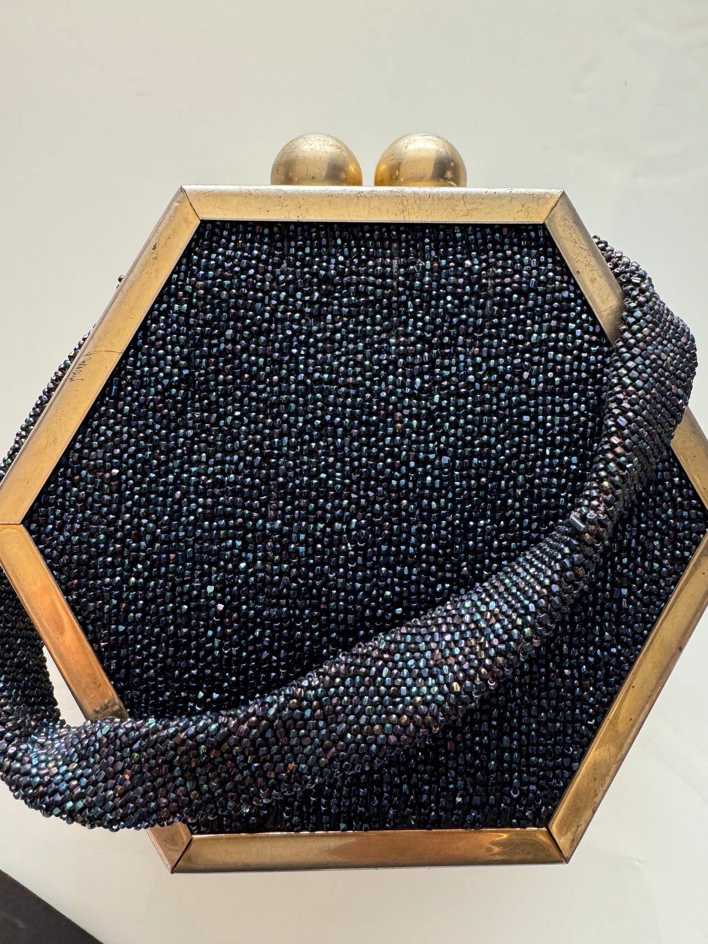 1940s blue beaded bag with gold ball hardware