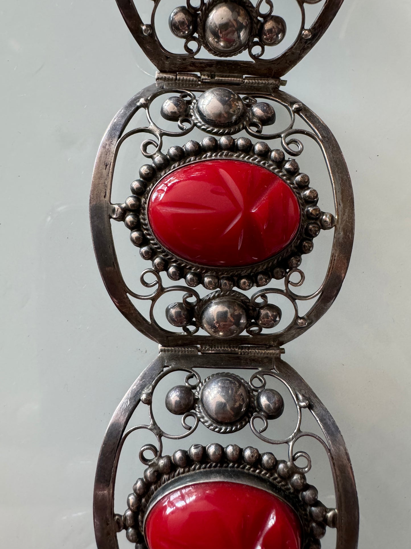 Vintage silver and red stone filigree bracelet